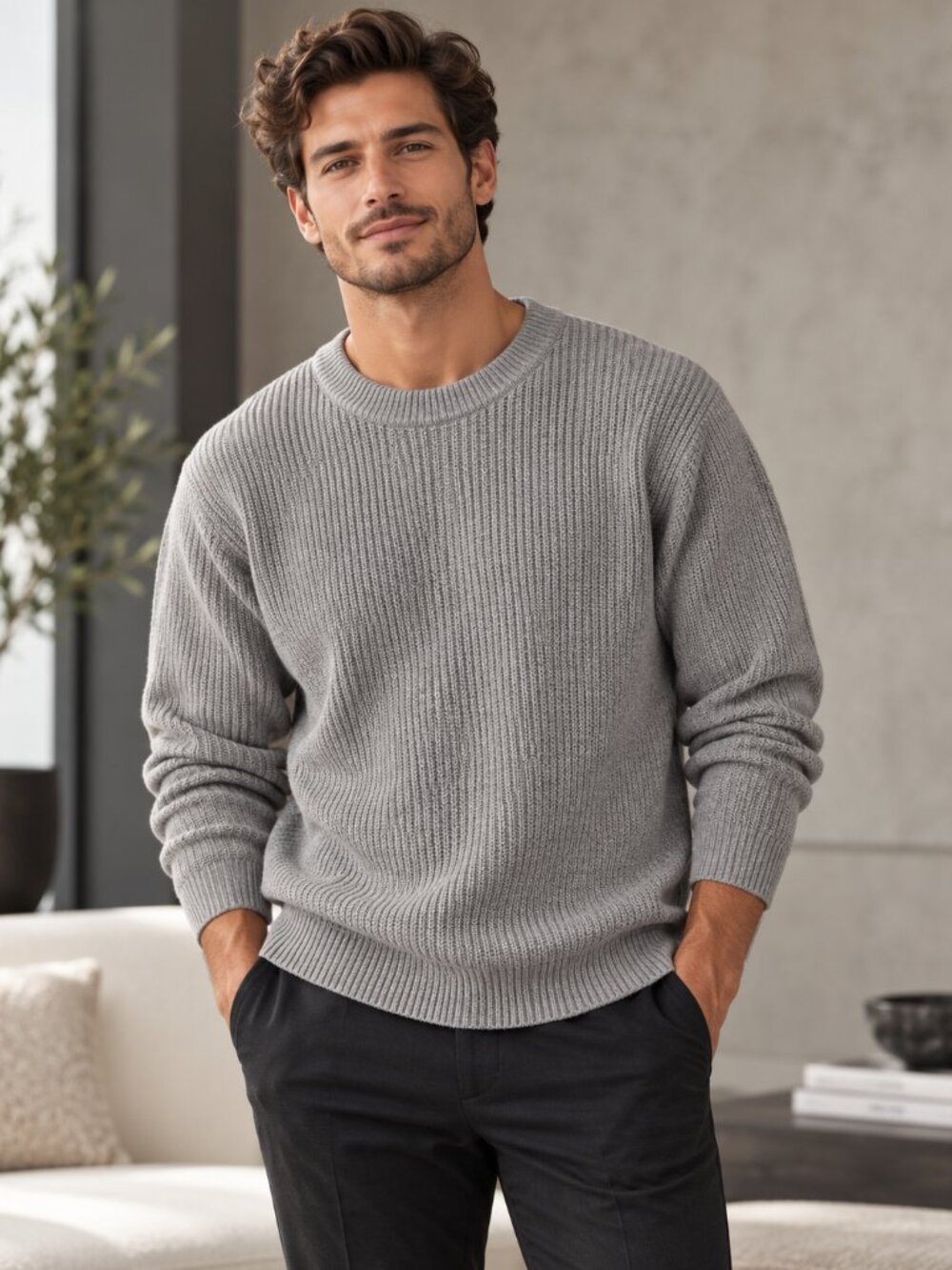 Crew Neck Cotton Chunky Gray Sweater Men Size Large L